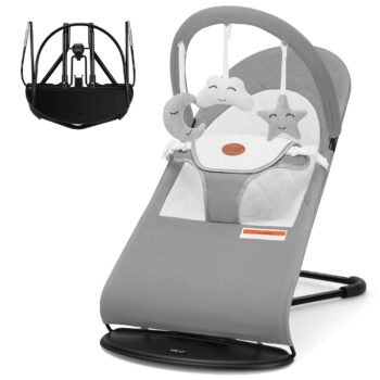 best  baby Bouncers for baby HKAI Baby Bouncer, Portable Baby Bouncer Seat for Babies 0-18 Months, 100% Cotton Fabrics, 3 Modes of use with Rocker and Stationary Options, Infant Rocker Chair with Hanging Toys-Light Grey  - best price baby  Bouncers in best baby specials