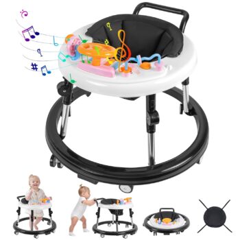 best  baby walkers for baby Baby Walker, Foldable 9-Gear Height Adjustable Baby Walker with Wheels, Infant Toddler Walker with Music Disk, Anti-Fall Baby Walkers and Activity Center with Foot Pads for Boys and Girls 6-24 Months  - best price baby  walker in best baby specials