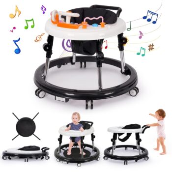 best  baby walkers for baby Music and Lights Baby Walker Foldable with 9 Adjustable Heights, Baby Walker with Wheels Portable, Baby Walkers and Activity Center for Boys Girls Babies 7-18 Months (New-Black)  - best price baby  walker in best baby specials