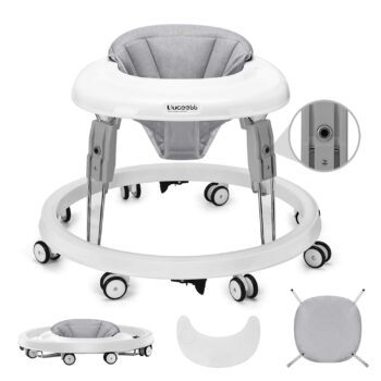 best  baby walkers for baby One-Touch Folding Baby Walker, Anti-Roll 8-Wheel Round Chassis, 7-Speed Height Adjustment, with Large Dinner Plate and Brake, 6-18 Months Baby Walker, Gray  - best price baby  walker in best baby specials