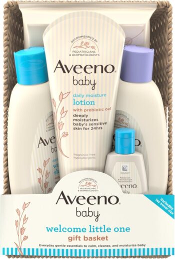 best gift for baby  Aveeno Baby Welcome Little One Gift Basket, Baby Skincare Set with Nourishing Baby Body Wash & Shampoo, Calming Bath Wash, All Over Baby Wipes, & Daily Moisturizing Lotion, 5 Items  -  baby gift  in best baby specials