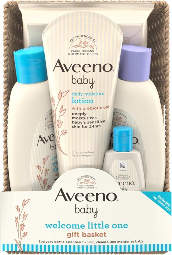 best gift for baby  Aveeno Baby Welcome Little One Gift Basket, Baby Skincare Set with Nourishing Baby Body Wash & Shampoo, Calming Bath Wash, All Over Baby Wipes, & Daily Moisturizing Lotion, 5 Items  -  baby gift  in best baby specials